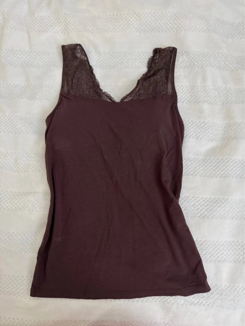 Women's Brown Lace Trim Built-In Bra Tank Top S
